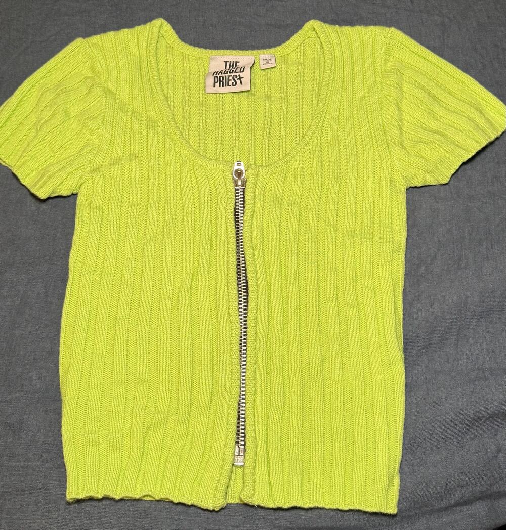 The Ragged Priest Lime Green Zip Up Knit Crop Top Size S